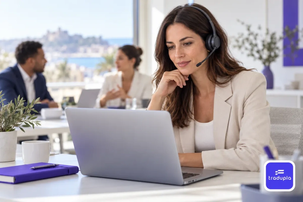 Intérprete con auriculares durante una reunión multilingüe, imagen ilustrativa de Tradupla